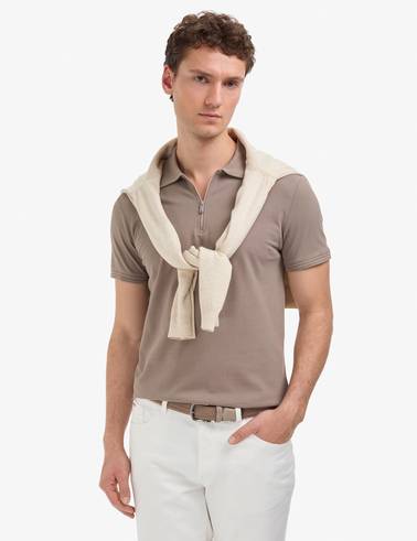 Koyu Vizon Slim Fit %100 Pamuk Kıvrılmaz Fermuarlı Polo Yaka Basic Tişört