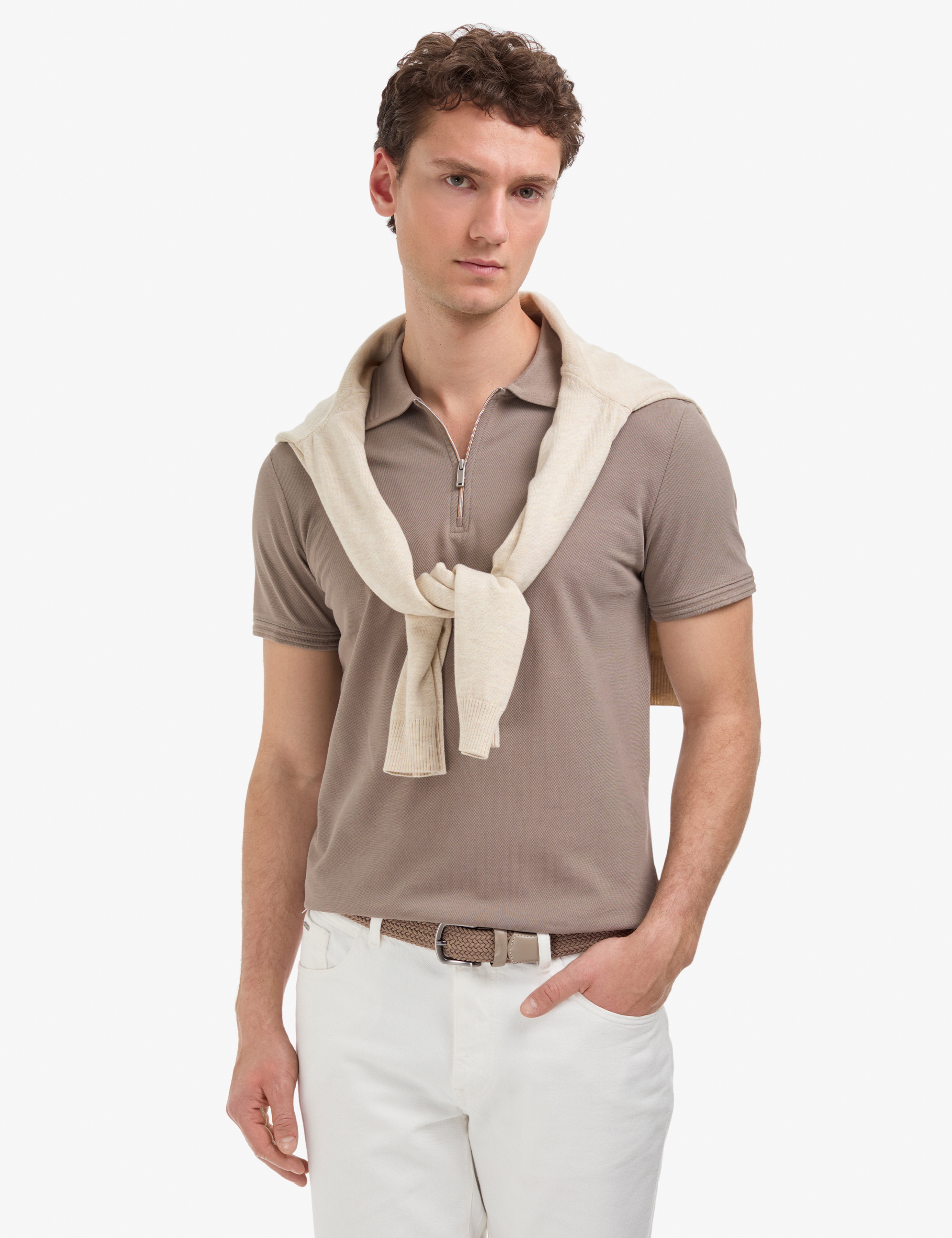 Koyu Vizon Slim Fit %100 Pamuk Kıvrılmaz Fermuarlı Polo Yaka Basic Tişört