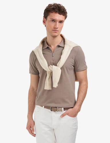 Koyu Vizon Slim Fit %100 Pamuk Kıvrılmaz Fermuarlı Polo Yaka Basic Tişört