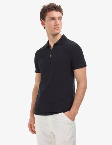 Siyah Slim Fit %100 Pamuk Kıvrılmaz Fermuarlı Polo Yaka Basic Tişört
