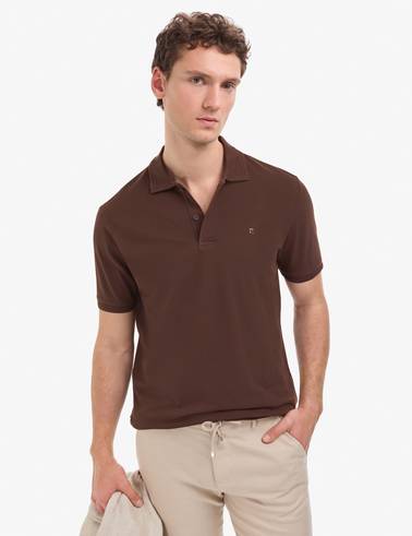 Koyu Kahverengi Regular Fit %100 Pamuk Kıvrılmaz Düğmeli Polo Yaka Basic Tişört