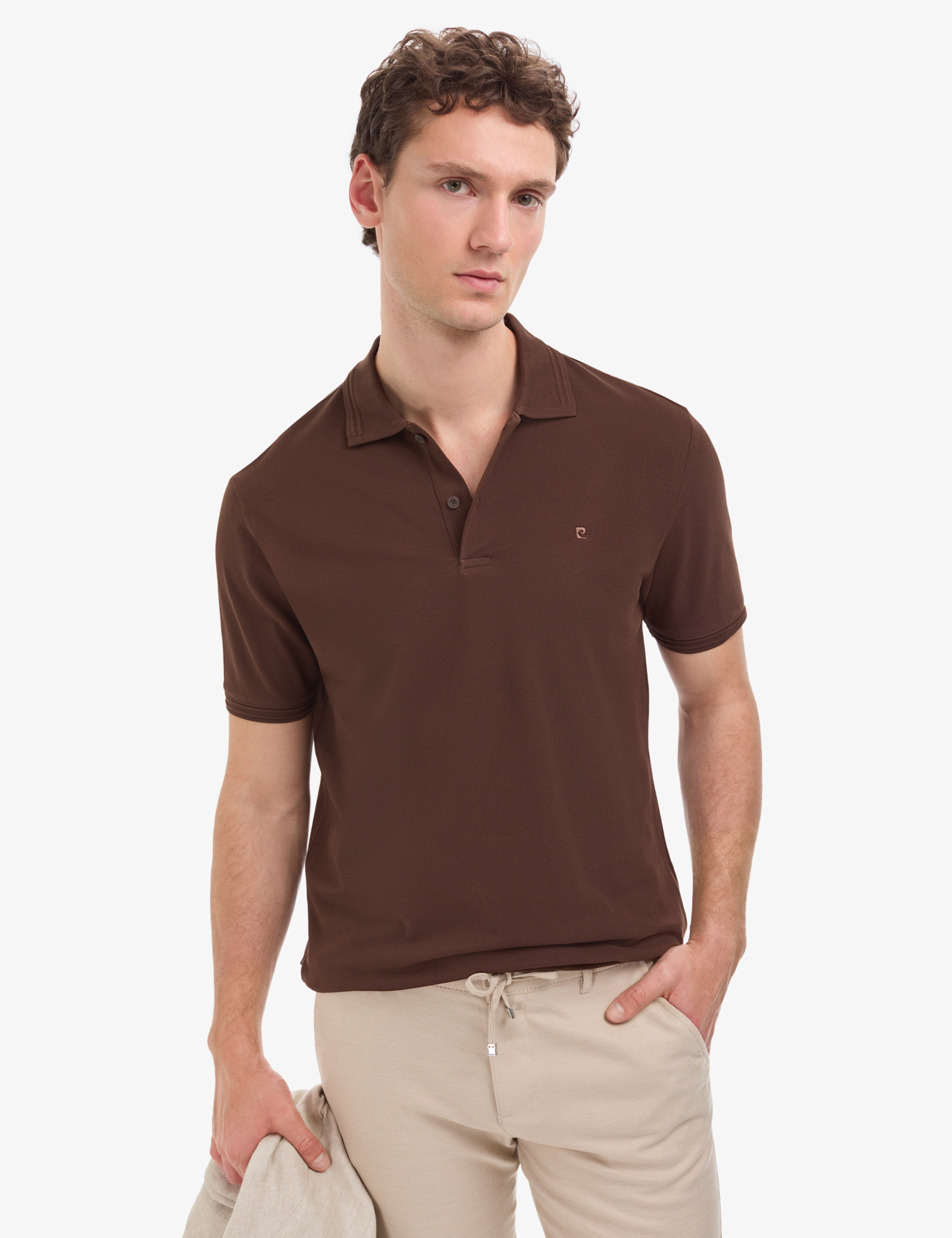 Koyu Kahverengi Regular Fit %100 Pamuk Kıvrılmaz Düğmeli Polo Yaka Basic Tişört - Image 1