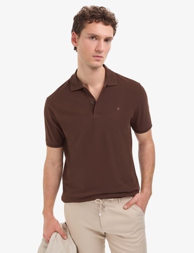 Koyu Kahverengi Regular Fit %100 Pamuk Kıvrılmaz Düğmeli Polo Yaka Basic Tişört