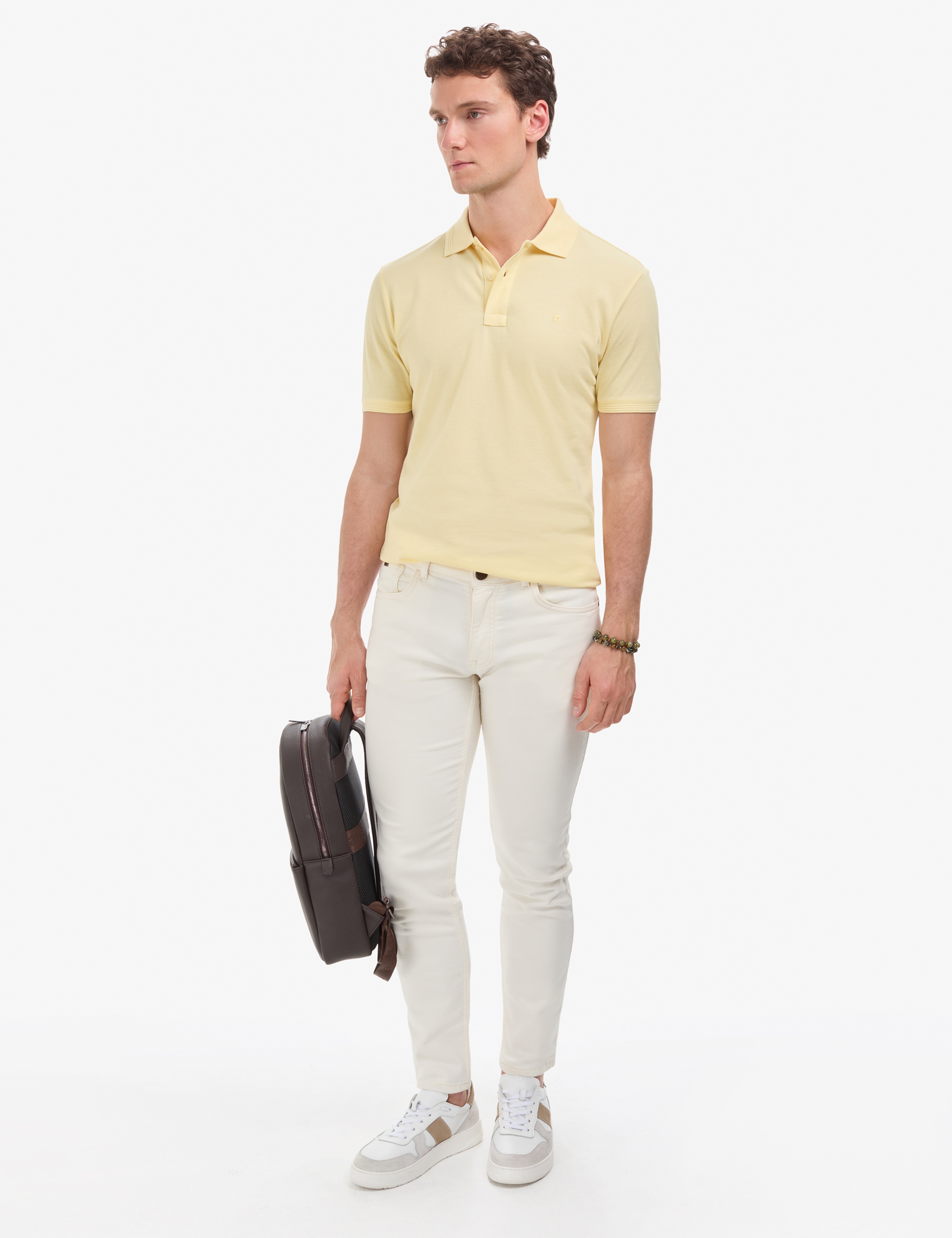 Açık Sarı Slim Fit %100 Pamuk Düğmeli Polo Yaka Basic Tişört - Image 4