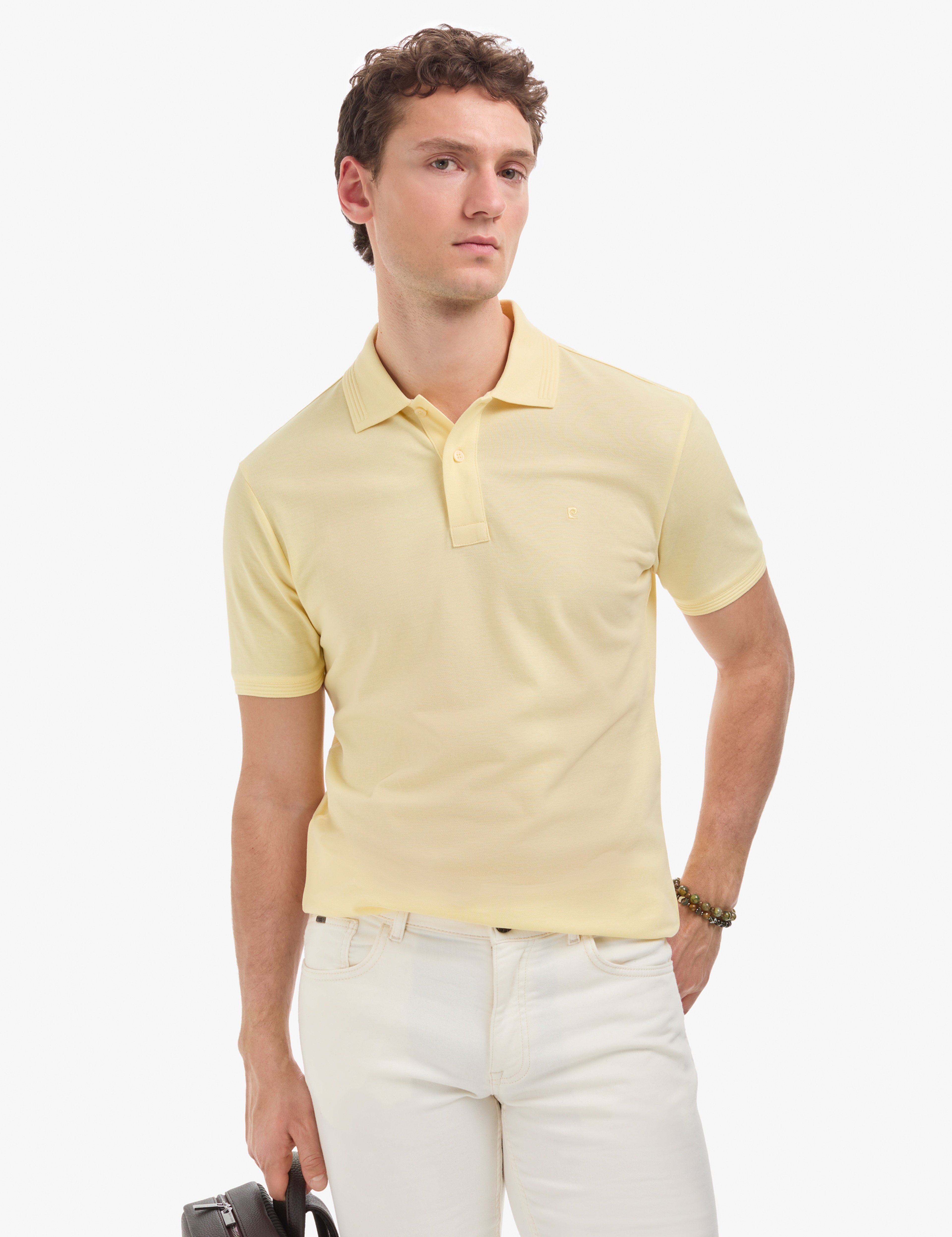 Açık Sarı Slim Fit %100 Pamuk Düğmeli Polo Yaka Basic Tişört - Image 1