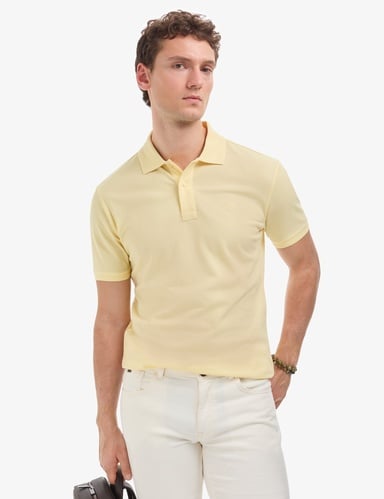 Açık Sarı Slim Fit %100 Pamuk Düğmeli Polo Yaka Basic Tişört