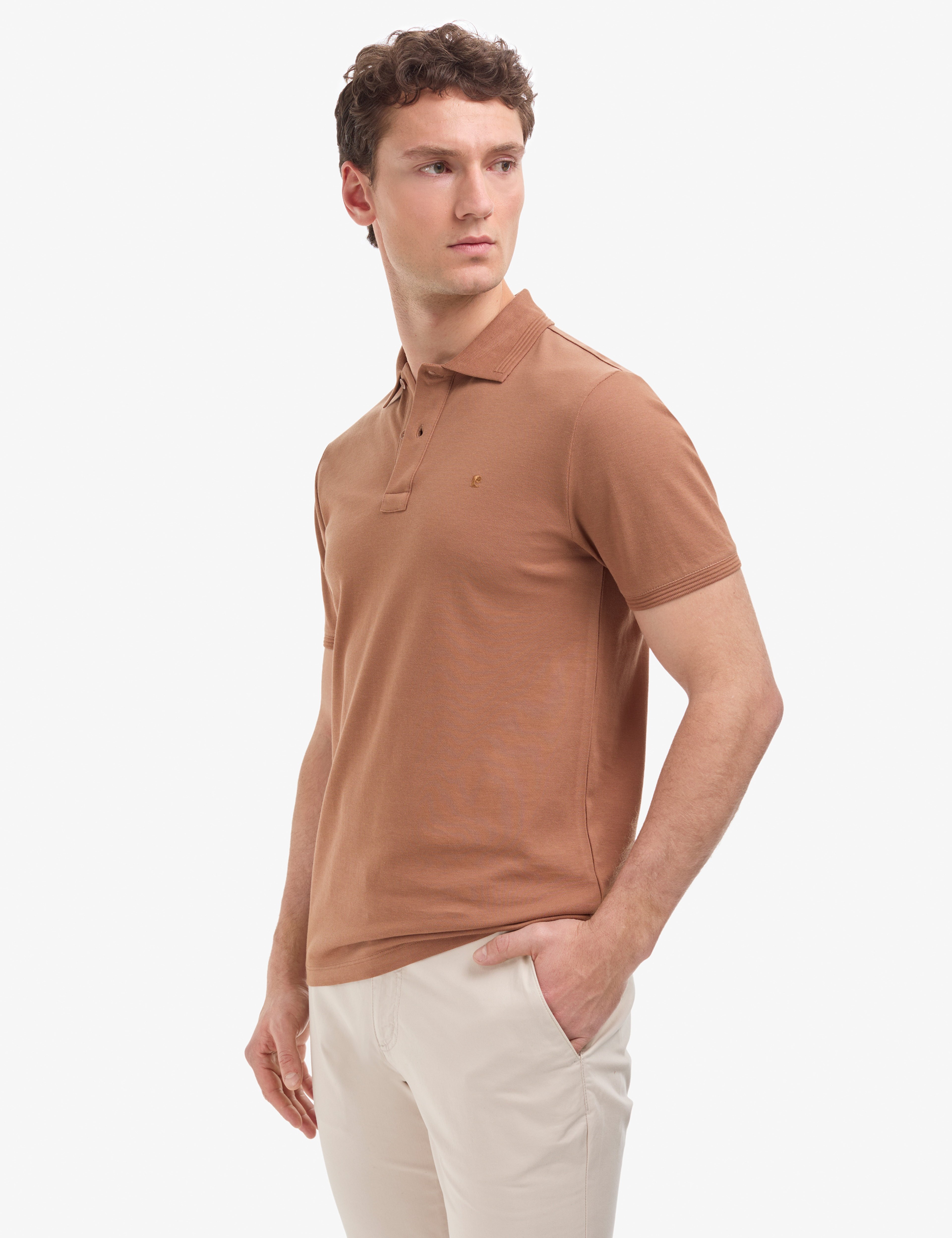 Açık Kahverengi Slim Fit %100 Pamuk Düğmeli Polo Yaka Basic Tişört - Image 3