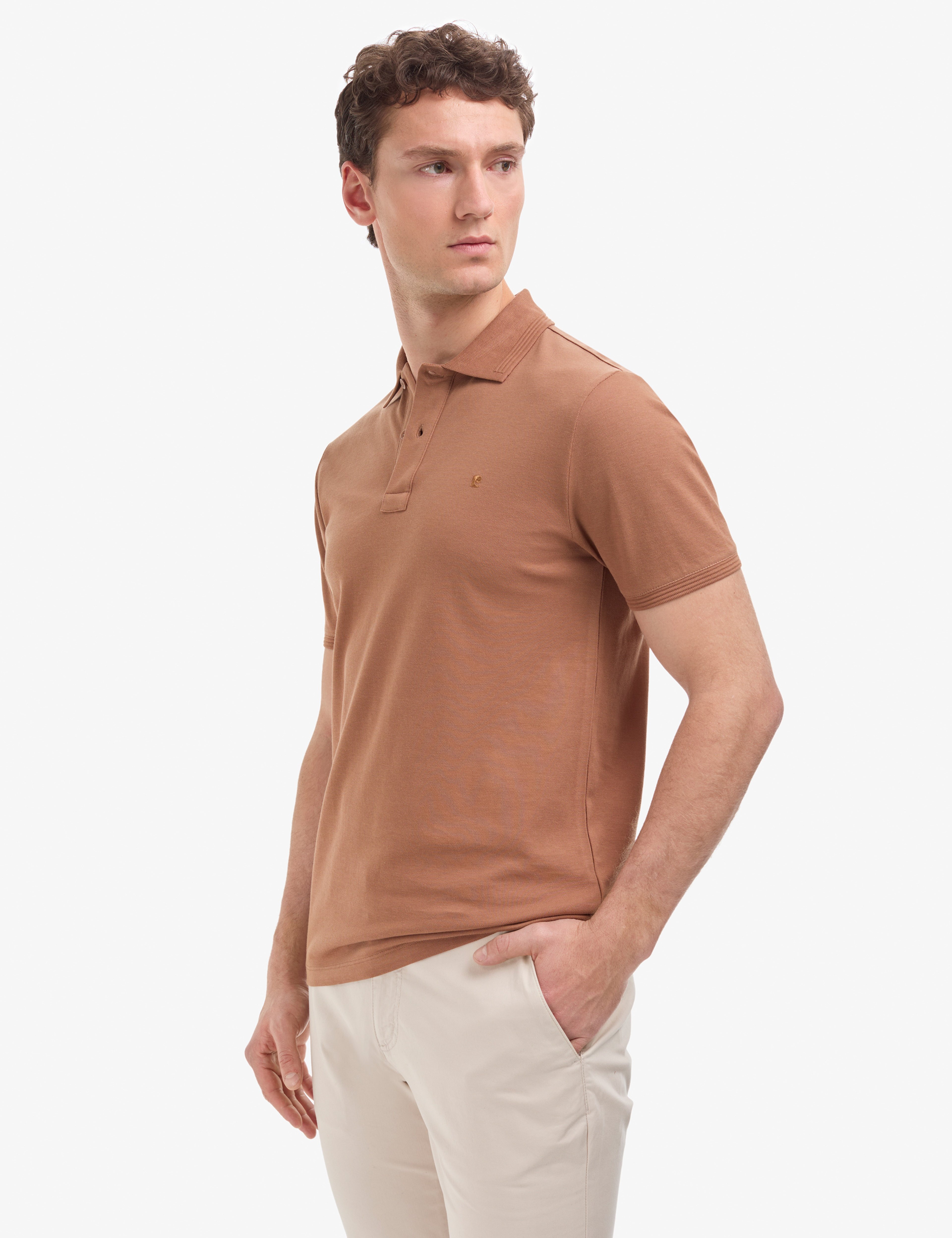 Açık Kahverengi Slim Fit %100 Pamuk Düğmeli Polo Yaka Basic Tişört