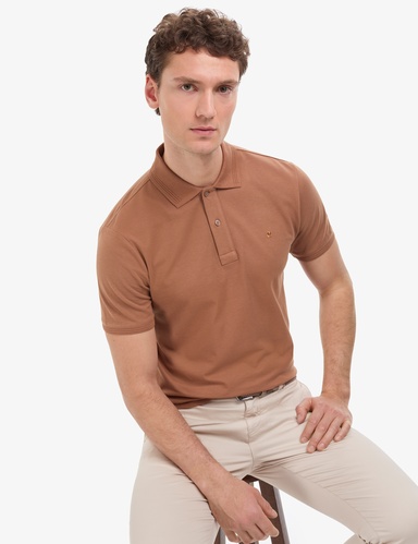 Açık Kahverengi Slim Fit %100 Pamuk Düğmeli Polo Yaka Basic Tişört