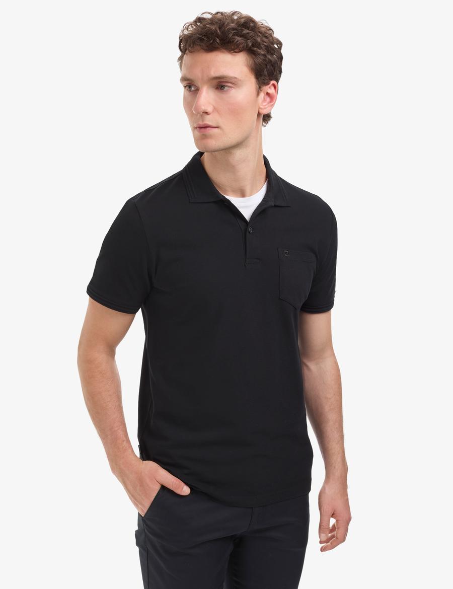 Siyah Regular Fit %100 Pamuk Kıvrılmaz Düğmeli Polo Yaka Basic Tişört