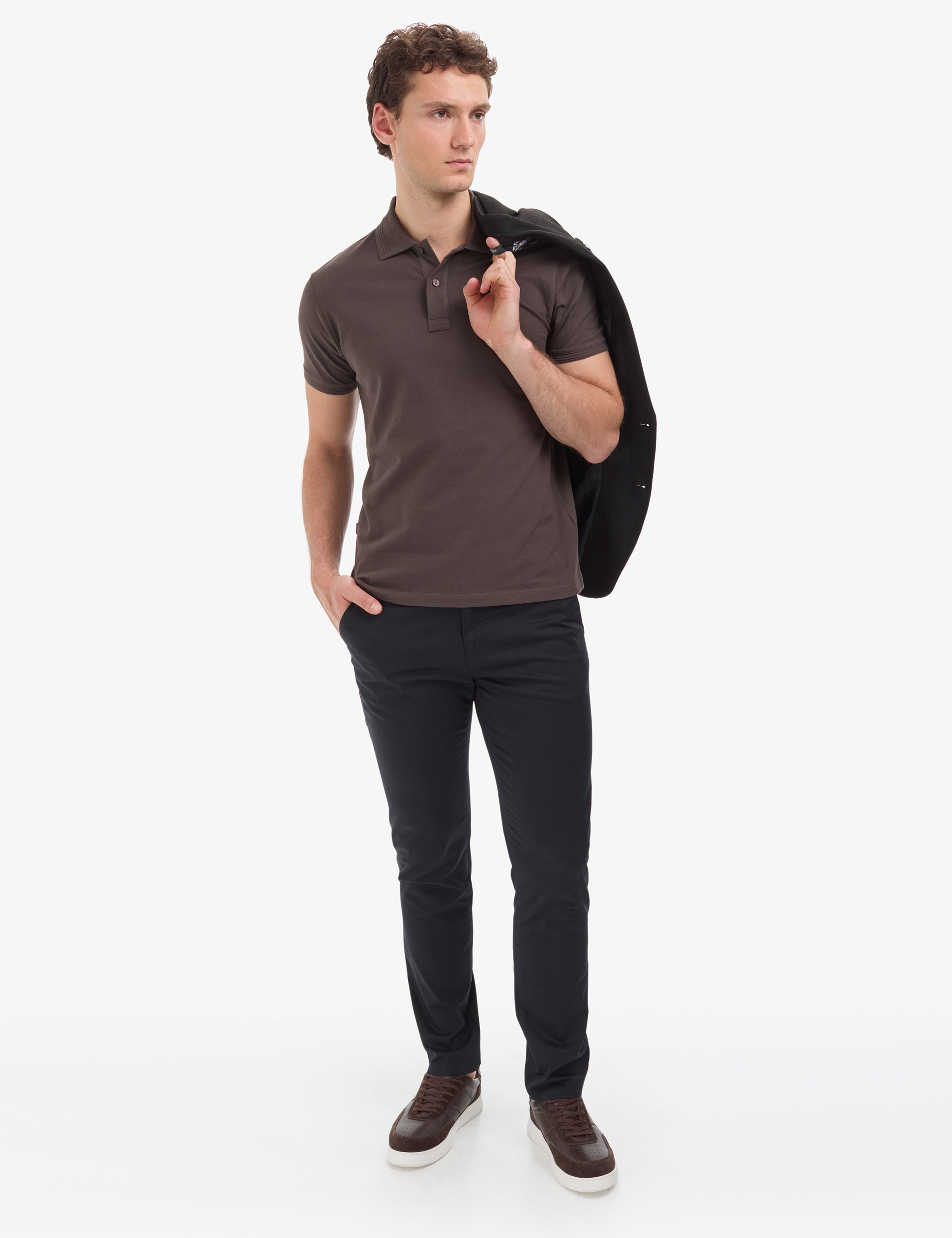 Koyu Kahverengi Slim Fit %100 Pamuk Düğmeli Polo Yaka Basic Tişört