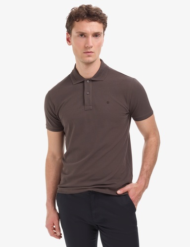 Koyu Kahverengi Slim Fit %100 Pamuk Düğmeli Polo Yaka Basic Tişört