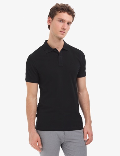 Siyah Slim Fit %100 Pamuk Düğmeli Polo Yaka Basic Tişört