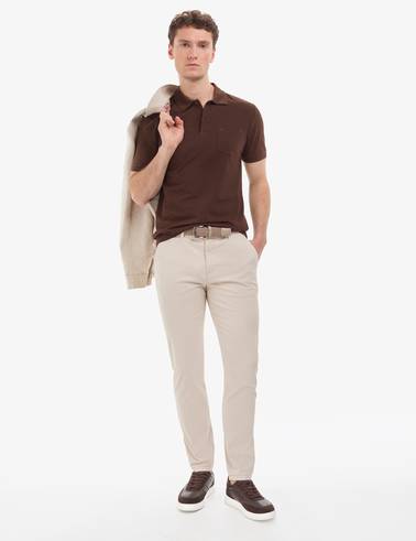 Koyu Kahverengi Regular Fit %100 Pamuk Cepli Kıvrılmaz Düğmeli Polo Yaka Basic T