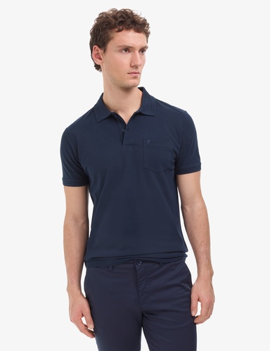 Lacivert Regular Fit %100 Pamuk Cepli Kıvrılmaz Düğmeli Polo Yaka Basic Tişört