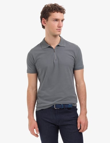Antrasit Slim Fit %100 Pamuk Kıvrılmaz Fermuarlı Polo Yaka Basic Tişört