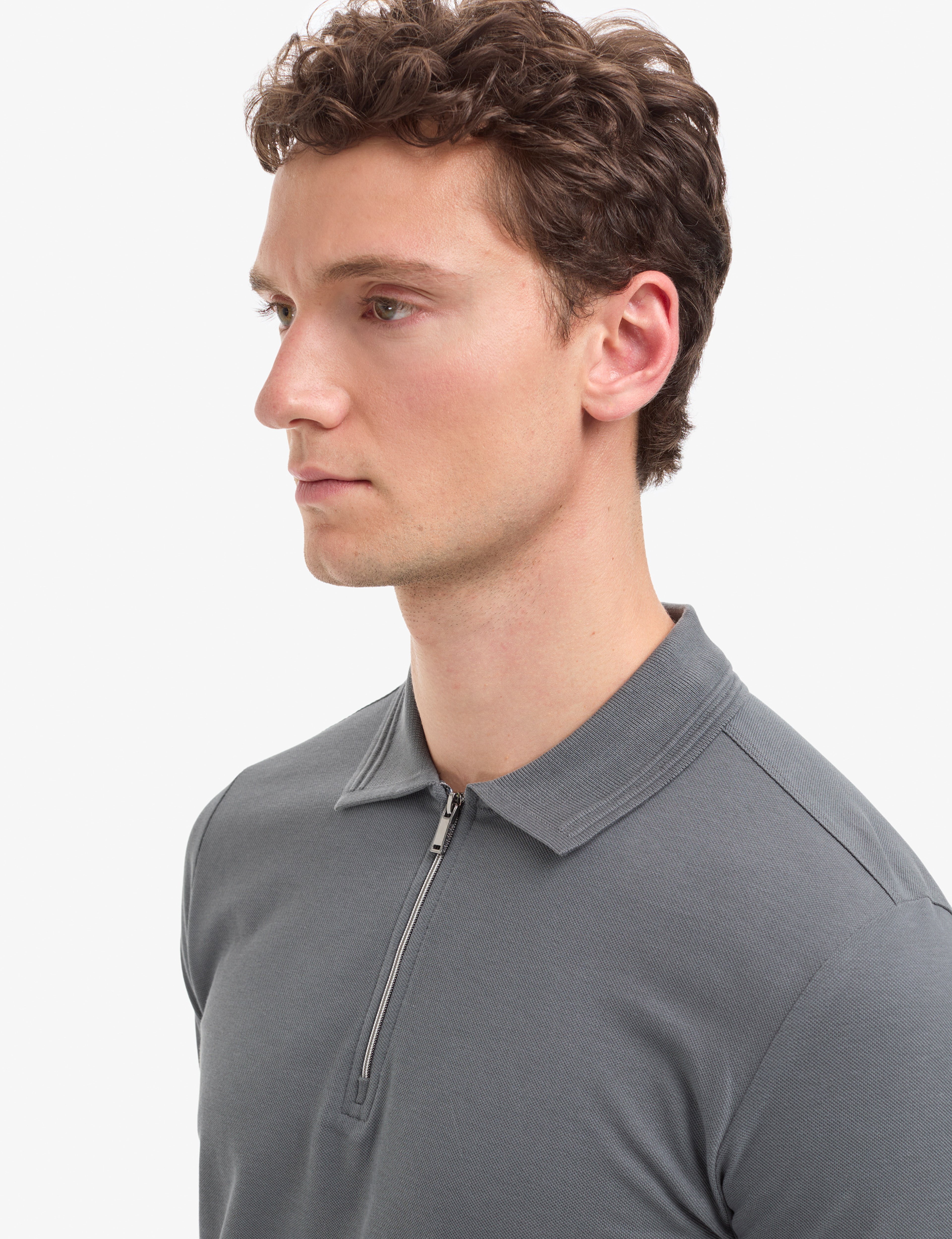 Antrasit Slim Fit %100 Pamuk Kıvrılmaz Fermuarlı Polo Yaka Basic Tişört