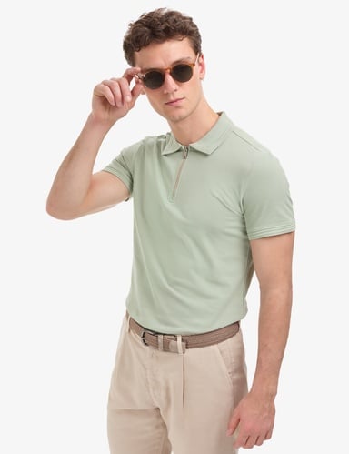 Çağla Slim Fit %100 Pamuk Kıvrılmaz Fermuarlı Polo Yaka Basic Tişört