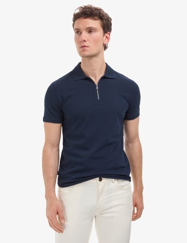 Lacivert Slim Fit %100 Pamuk Kıvrılmaz Fermuarlı Polo Yaka Basic Tişört
