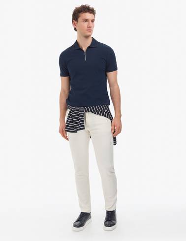 Lacivert Slim Fit %100 Pamuk Kıvrılmaz Fermuarlı Polo Yaka Basic Tişört
