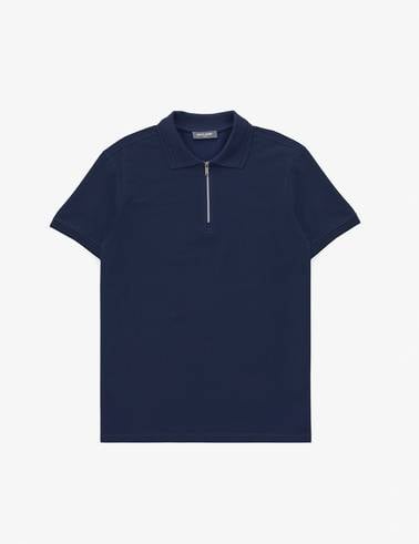 Lacivert Slim Fit %100 Pamuk Kıvrılmaz Fermuarlı Polo Yaka Basic Tişört