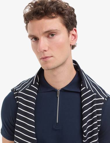Lacivert Slim Fit %100 Pamuk Kıvrılmaz Fermuarlı Polo Yaka Basic Tişört