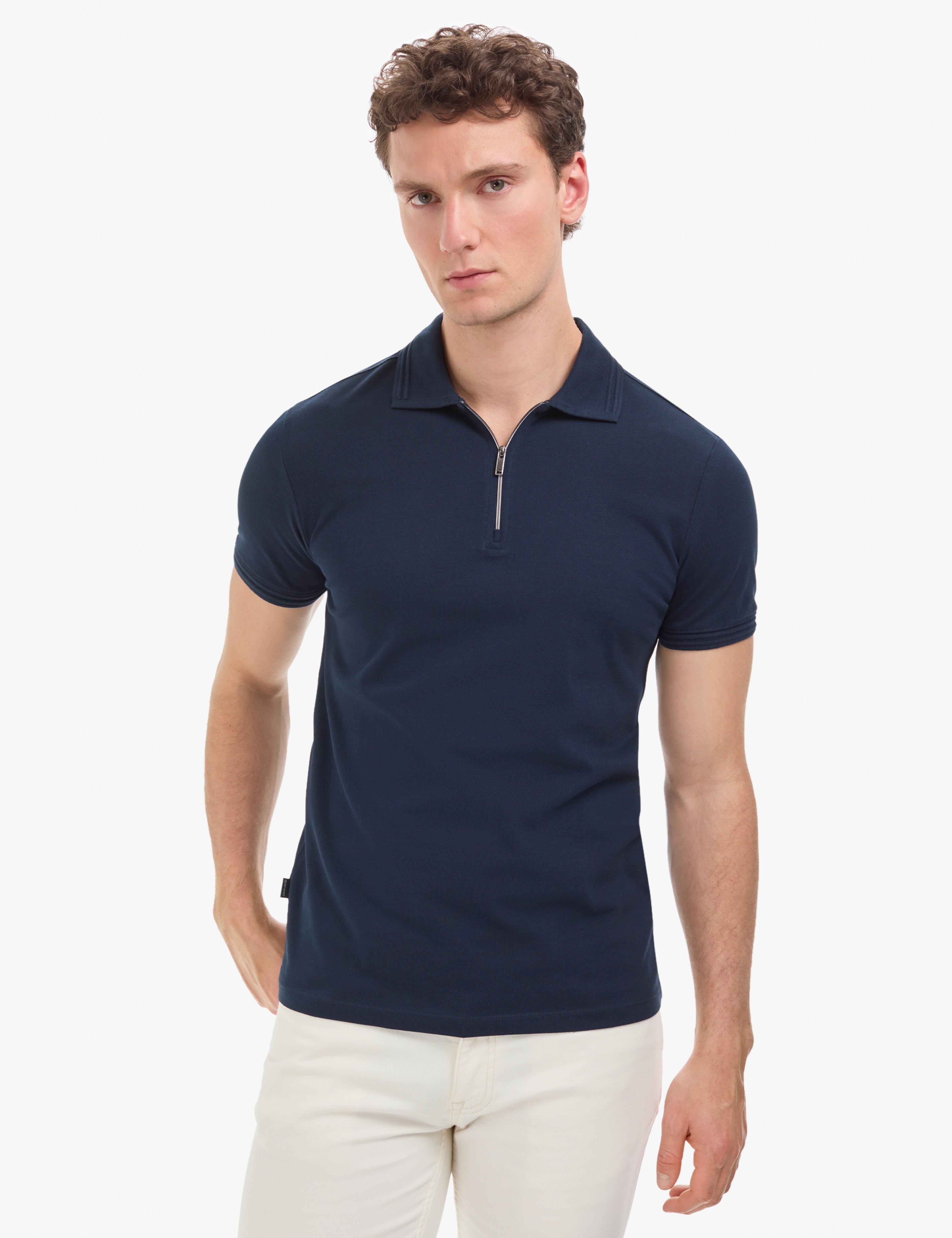 Lacivert Slim Fit %100 Pamuk Kıvrılmaz Fermuarlı Polo Yaka Basic Tişört