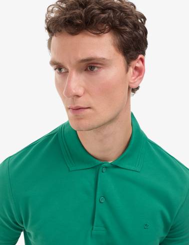 Yeşil Slim Fit %100 Pamuk Kıvrılmaz Düğmeli Polo Yaka Basic Tişört