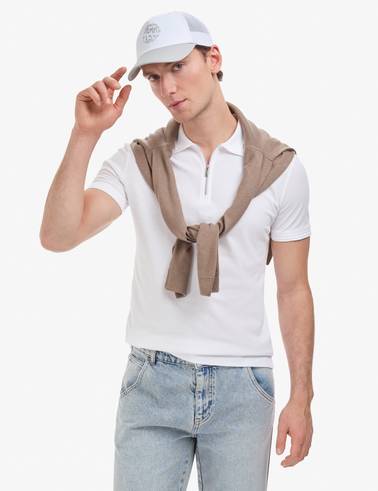 Ekru Slim Fit %100 Pamuk Kıvrılmaz Fermuarlı Polo Yaka Basic Tişört
