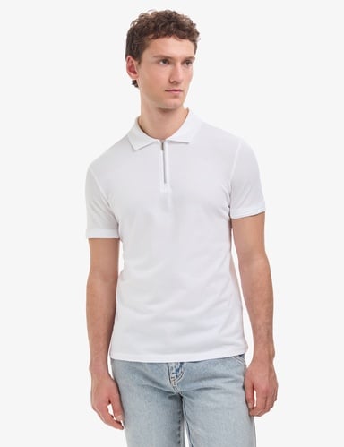 Ekru Slim Fit %100 Pamuk Kıvrılmaz Fermuarlı Polo Yaka Basic Tişört