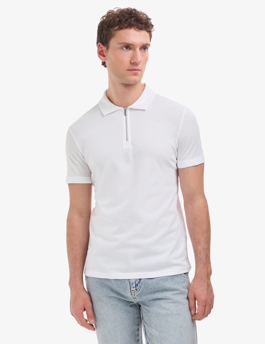 Ekru Slim Fit %100 Pamuk Kıvrılmaz Fermuarlı Polo Yaka Basic Tişört