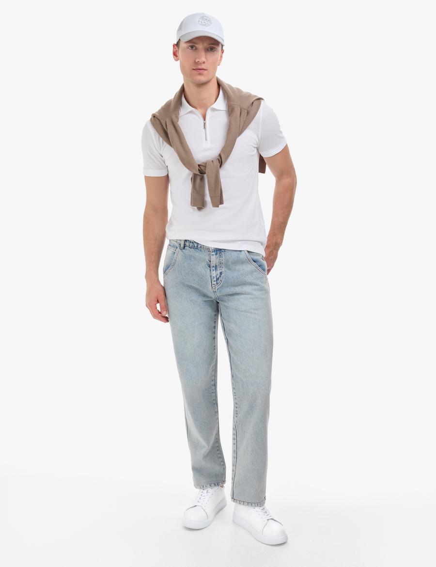 Ekru Slim Fit %100 Pamuk Kıvrılmaz Fermuarlı Polo Yaka Basic Tişört