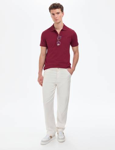 Bordo Slim Fit %100 Pamuk Kıvrılmaz Düğmeli Polo Yaka Basic Tişört