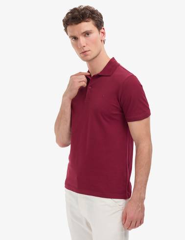 Bordo Slim Fit %100 Pamuk Kıvrılmaz Düğmeli Polo Yaka Basic Tişört