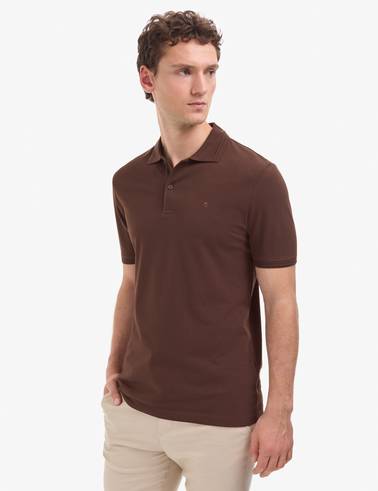 Koyu Kahverengi Regular Fit %100 Pamuk Kıvrılmaz Düğmeli Polo Yaka Basic Tişört