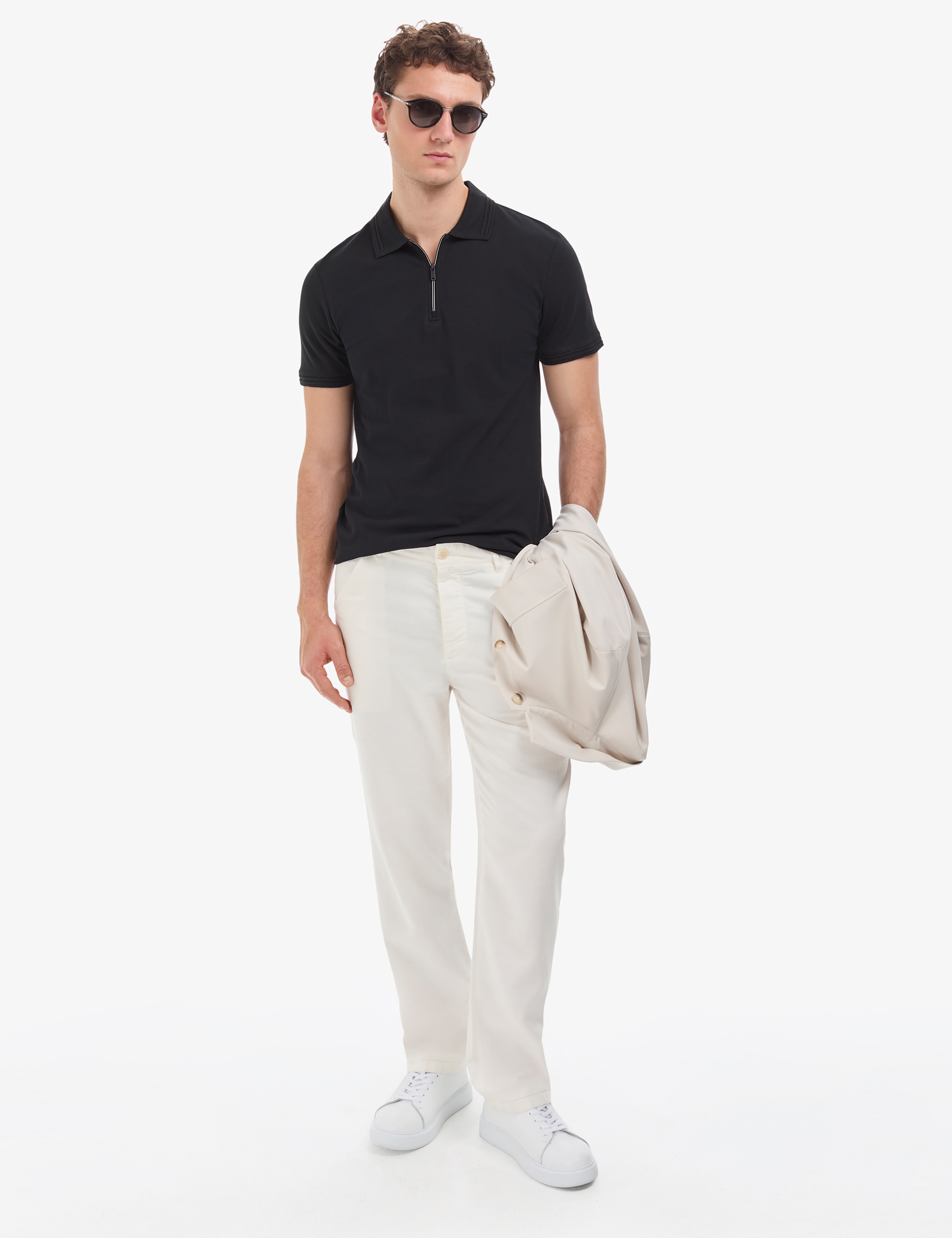 Siyah Slim Fit %100 Pamuk Kıvrılmaz Fermuarlı Polo Yaka Basic Tişört - Image 4