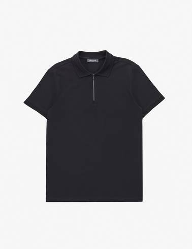 Siyah Slim Fit %100 Pamuk Kıvrılmaz Fermuarlı Polo Yaka Basic Tişört