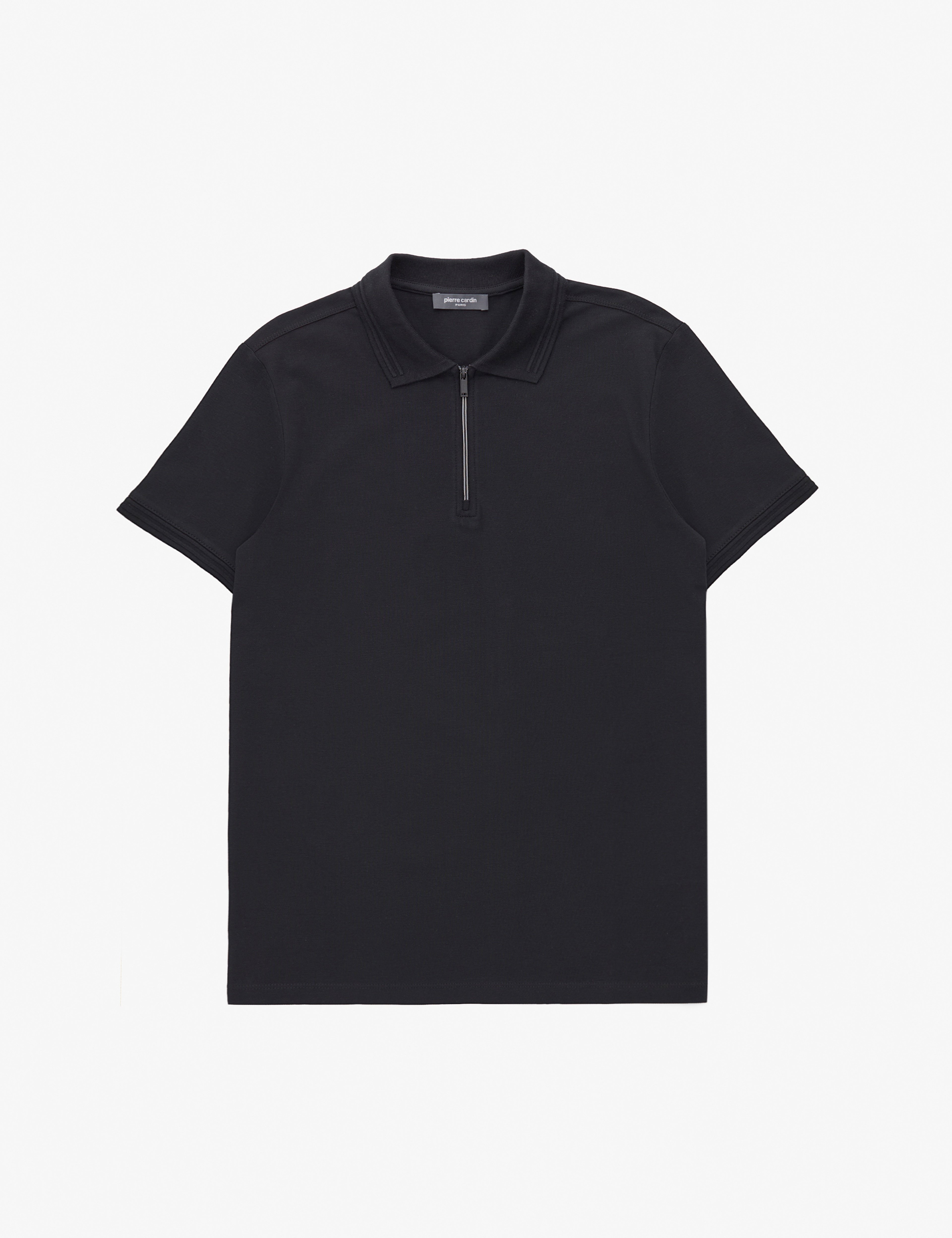Siyah Slim Fit %100 Pamuk Kıvrılmaz Fermuarlı Polo Yaka Basic Tişört