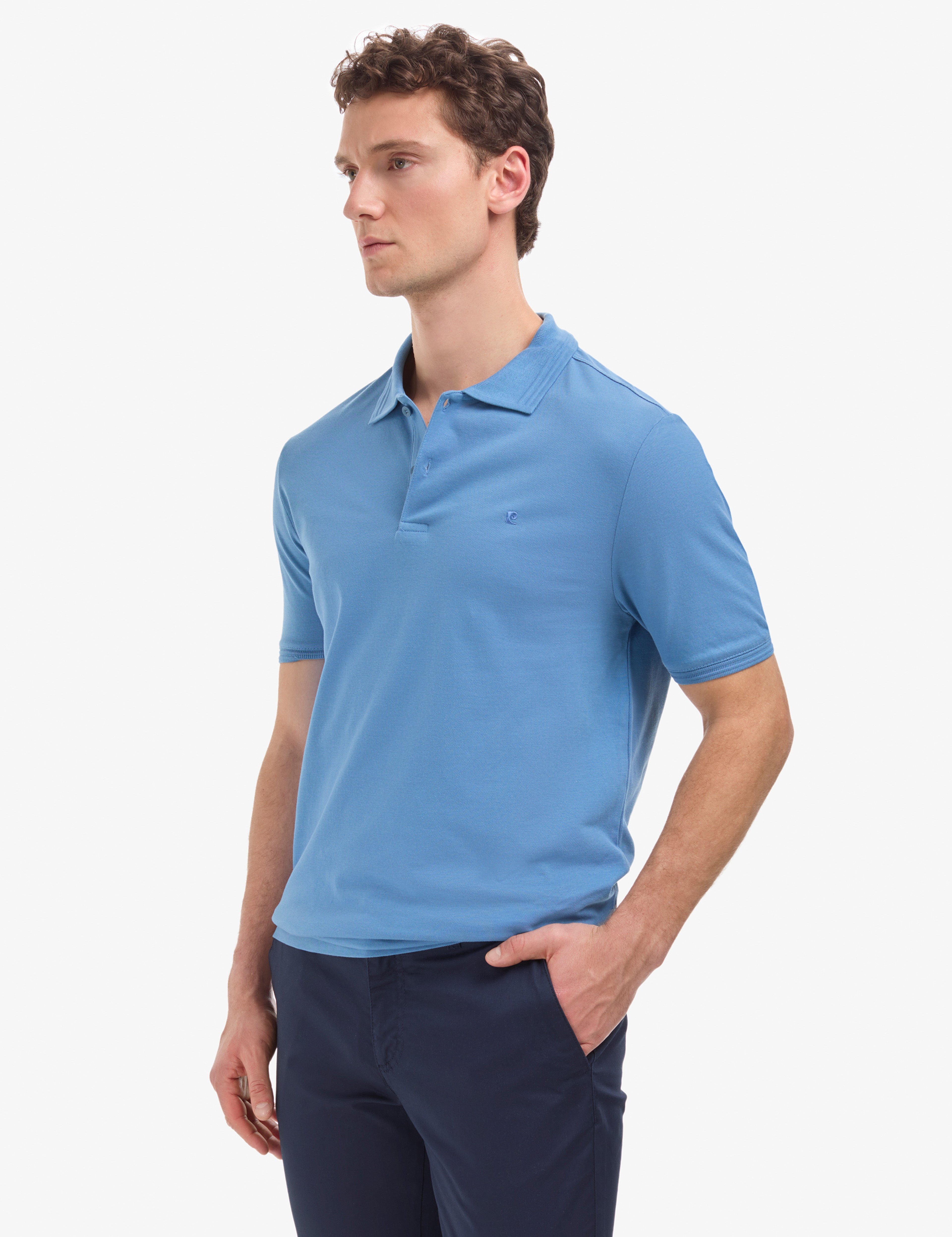 Koyu Mavi Regular Fit %100 Pamuk Kıvrılmaz Düğmeli Polo Yaka Basic Tişört - Image 3