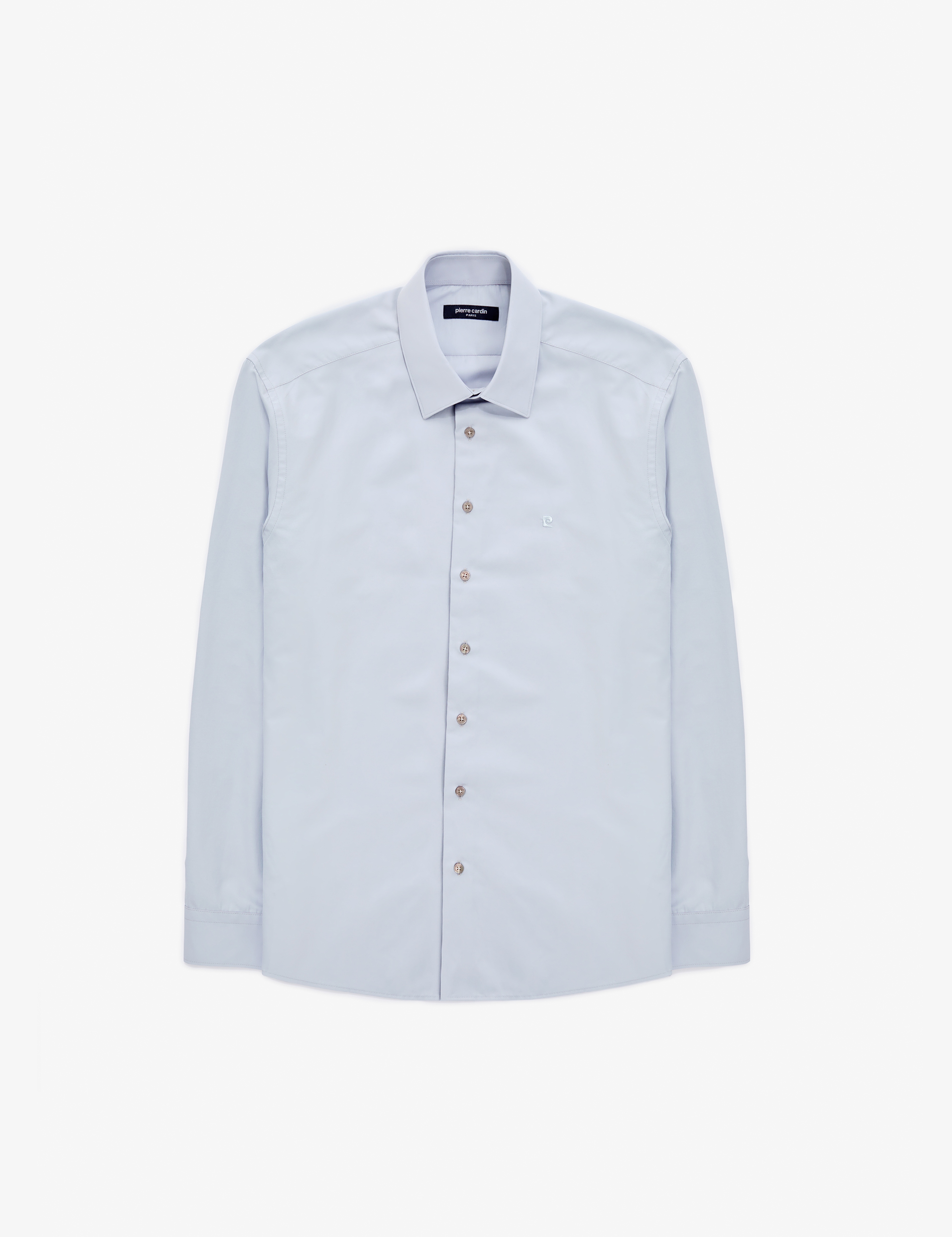 Açık Gri Slim Fit Uzun Kollu Basic Gömlek - Image 6