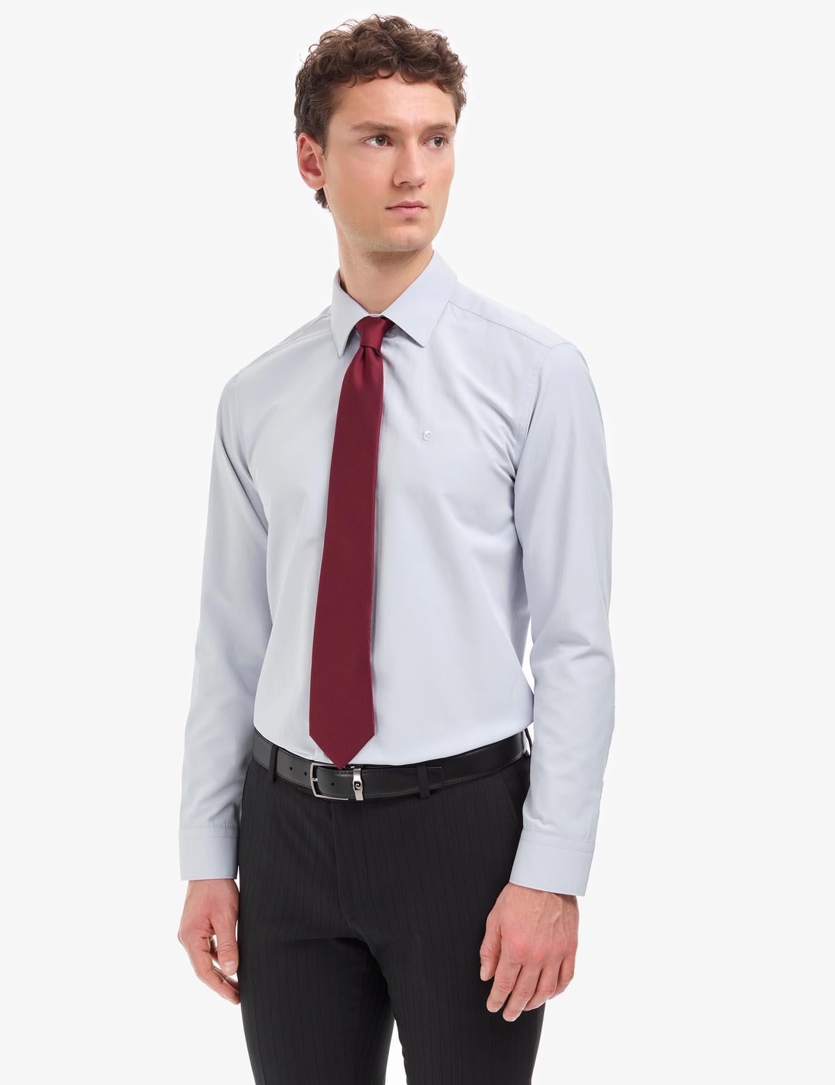 Açık Gri Slim Fit Uzun Kollu Basic Gömlek - 50316734034
