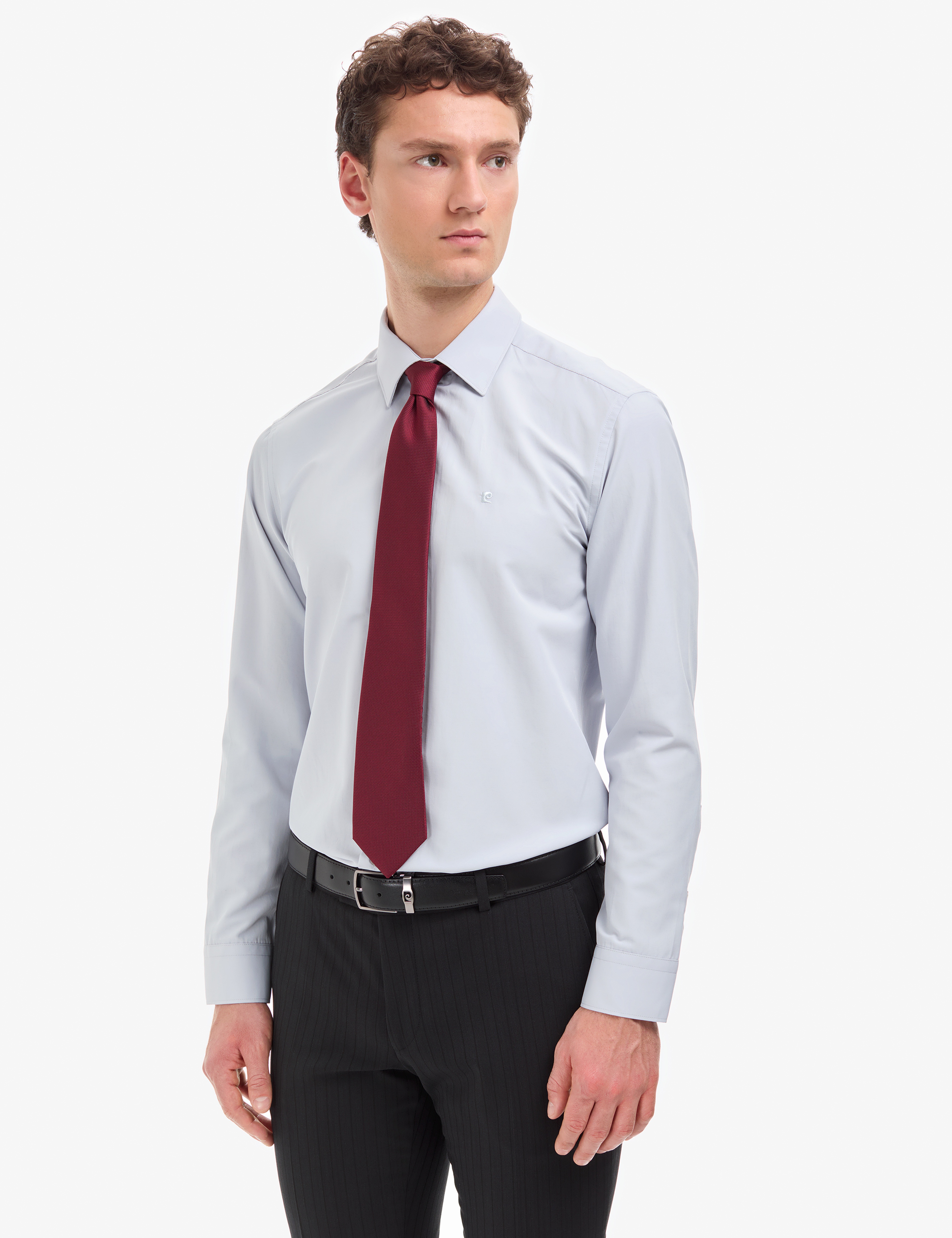 Açık Gri Slim Fit Uzun Kollu Basic Gömlek - Image 3