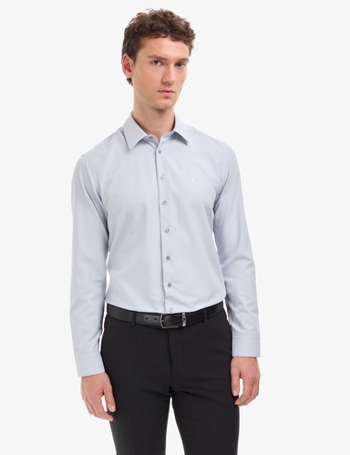 Açık Gri Slim Fit Uzun Kollu Basic Gömlek