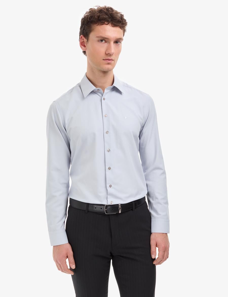 Açık Gri Slim Fit Uzun Kollu Basic Gömlek