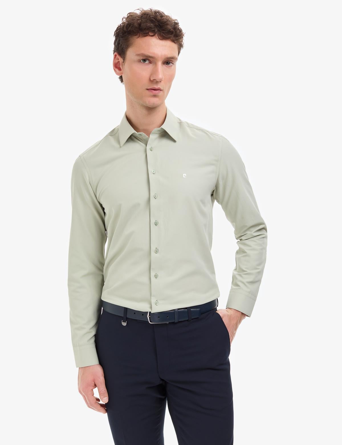 Yeşil Slim Fit Uzun Kollu Basic Gömlek