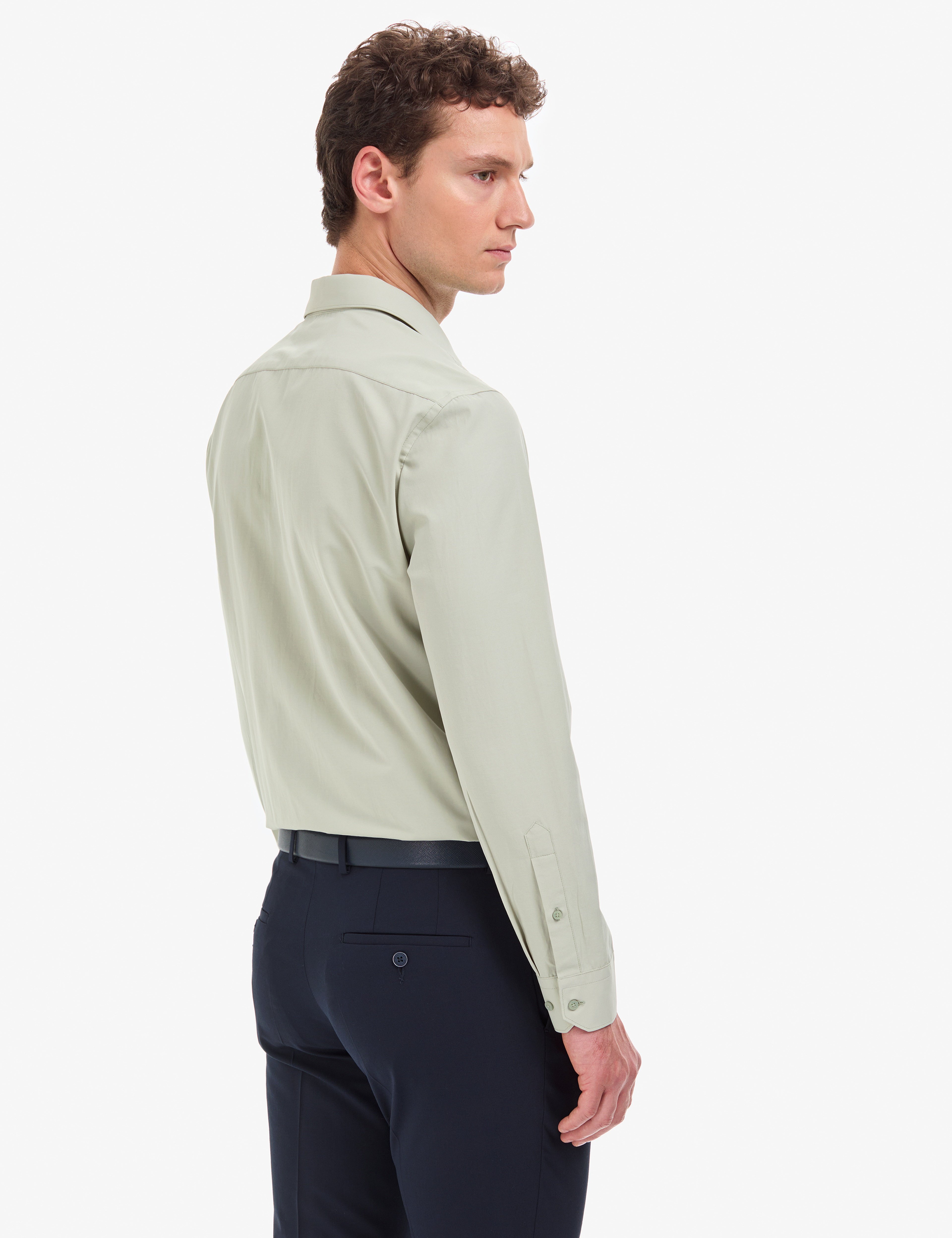 Yeşil Slim Fit Uzun Kollu Basic Gömlek