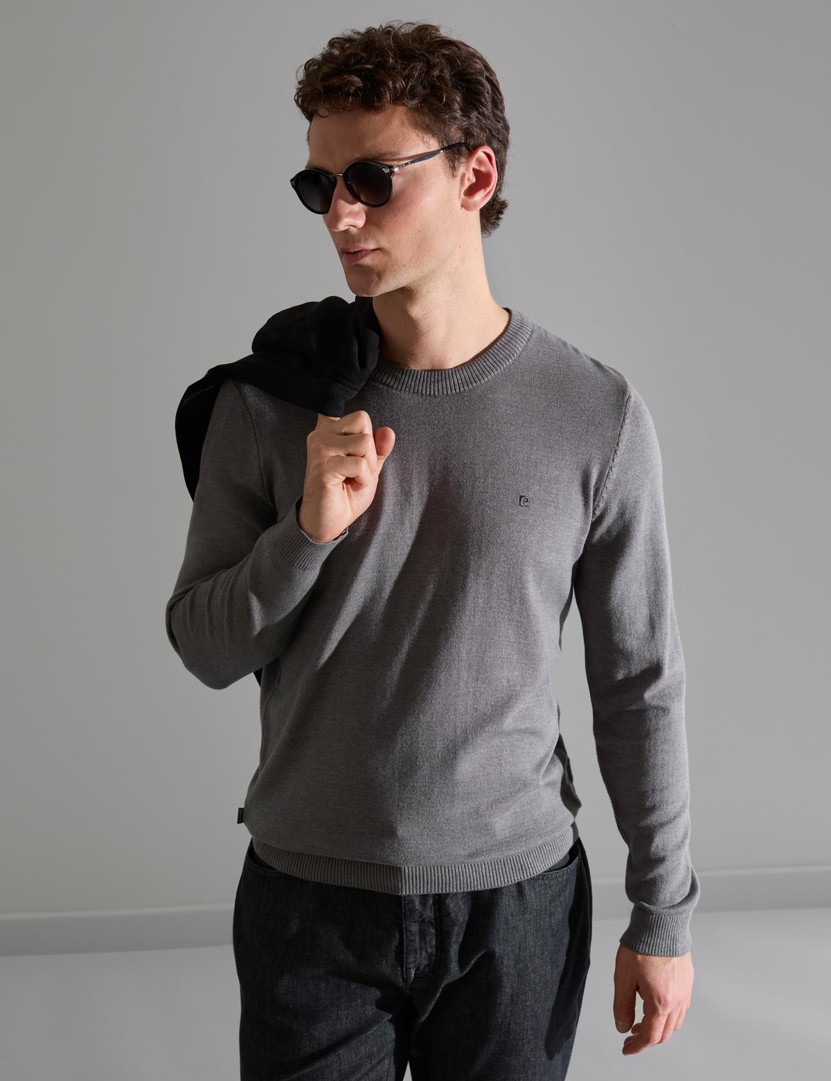 Gri Melanj Slim Fit Bisiklet Yaka Basic Triko Kazak