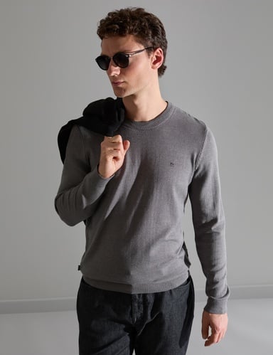 Gri Melanj Slim Fit Bisiklet Yaka Basic Triko Kazak