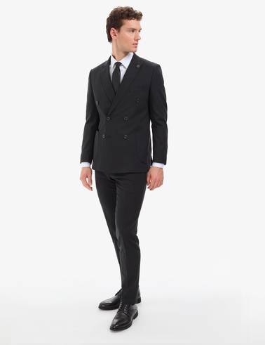 Siyah Ex. Slim Fit Çizgili Kruvaze Takım Elbise