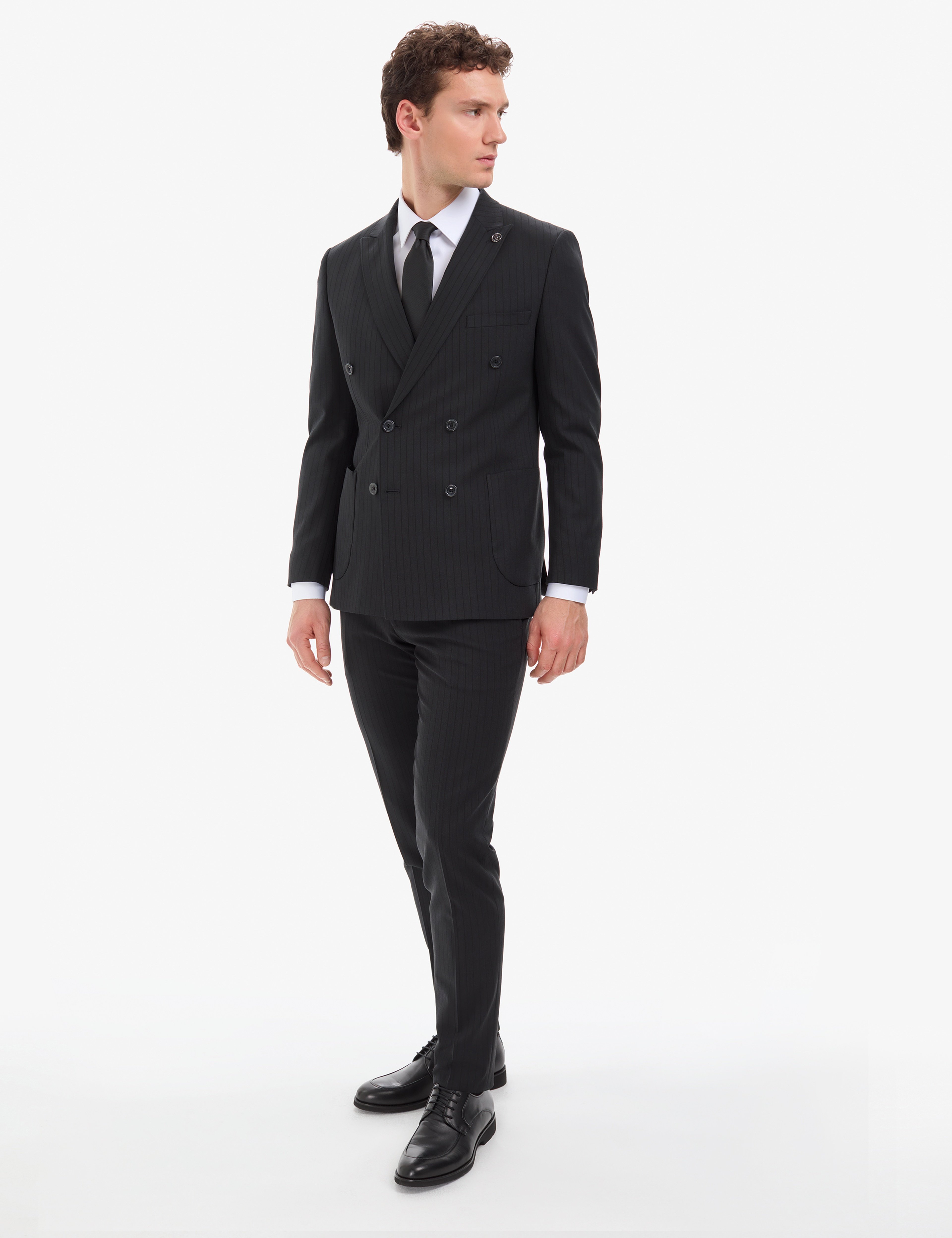 Siyah Extra Slim Fit Çizgili Kruvaze Takım Elbise - Image 3
